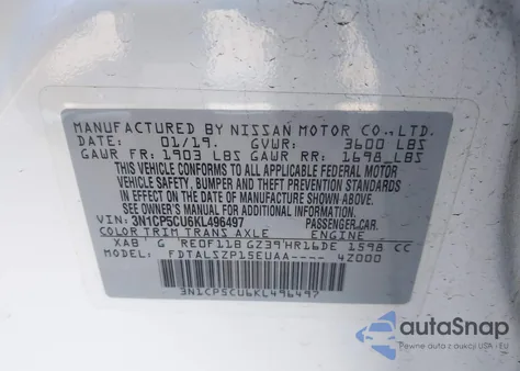 2019 Nissan Kicks Sv z USA, uszkodzony, nr VIN 3N1CP5CU6KL496497